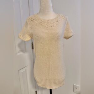 American Eagle Outfitters Cream Short-Sleeve Crewneck Knit Sweater